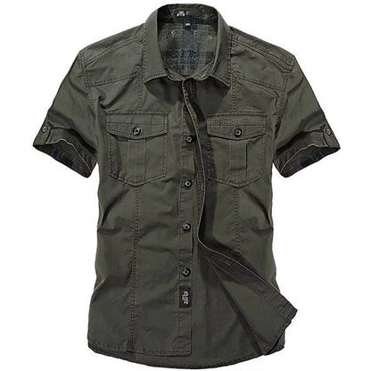 Fashion Cotton Casual Shirts Summer Men plus Size Loose Baggy Shirts Short Sleeve Turn-Down Collar Military Style Male Clothing