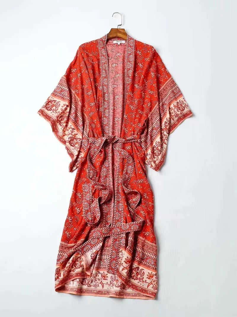 Vintage Chic Women Floral Print Batwing Sleeve Beach Bohemian Kimono Dress Ladies V Neck Summer Boho Robe Cover-Ups Vestidos