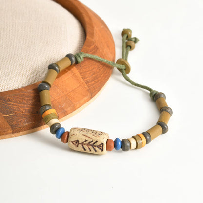 Rotating Fish Bone Beaded Bracelet Original Tribal Jewelry for Men Surfer Jewelry Adjustable