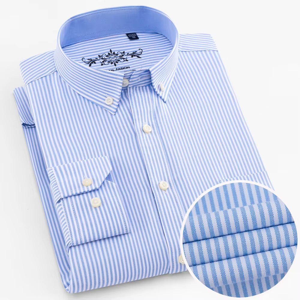 Men'S Long Sleeve Oxford Plaid Striped Work Casual Shirt with Pocket, Spring Autumn Cotton Blend Regular-Fit Button-Down Shirts