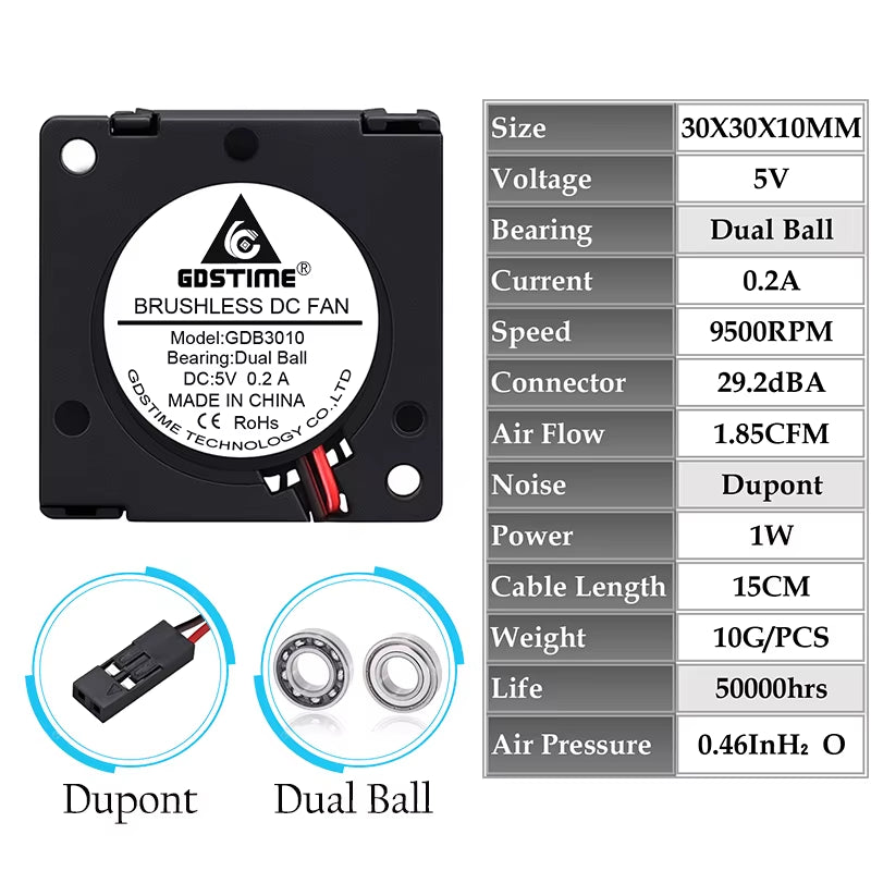 2 Pieces  DC 5V 12V 24V 30X30X10Mm Sleeve Dual Ball 1 Inch Small Mini Blower Cooling Fan 30Mm X 10Mm 3Cm 3010 3D Printer