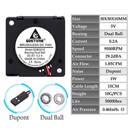 2 Pieces  DC 5V 12V 24V 30X30X10Mm Sleeve Dual Ball 1 Inch Small Mini Blower Cooling Fan 30Mm X 10Mm 3Cm 3010 3D Printer