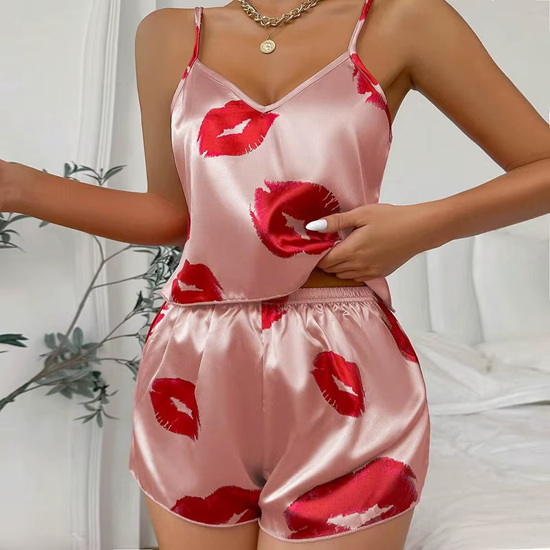 Ladies Satin Silk Lace Cami Vest Shorts Lingerie Pyjamas Set Summer Women Pajamas Sets Two Piece Set Pijama for Woman