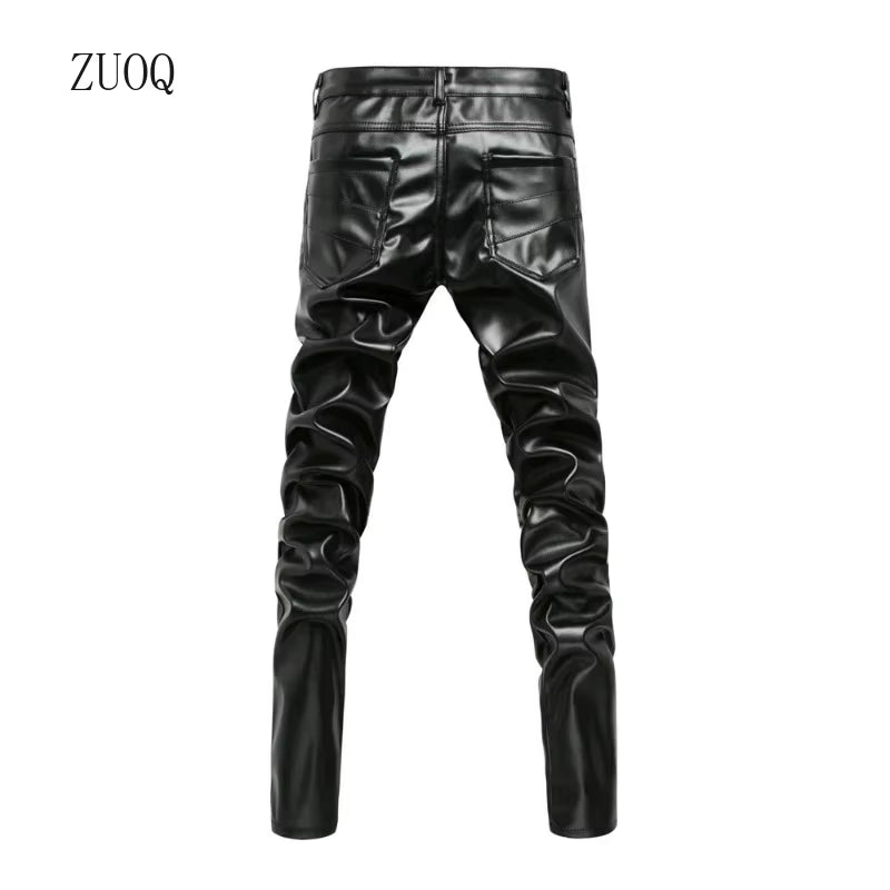 New Winter Men Skinny Biker Pu Leather Pants High Street Fashion Motorcycle Trousers for Male Stage Club Wear