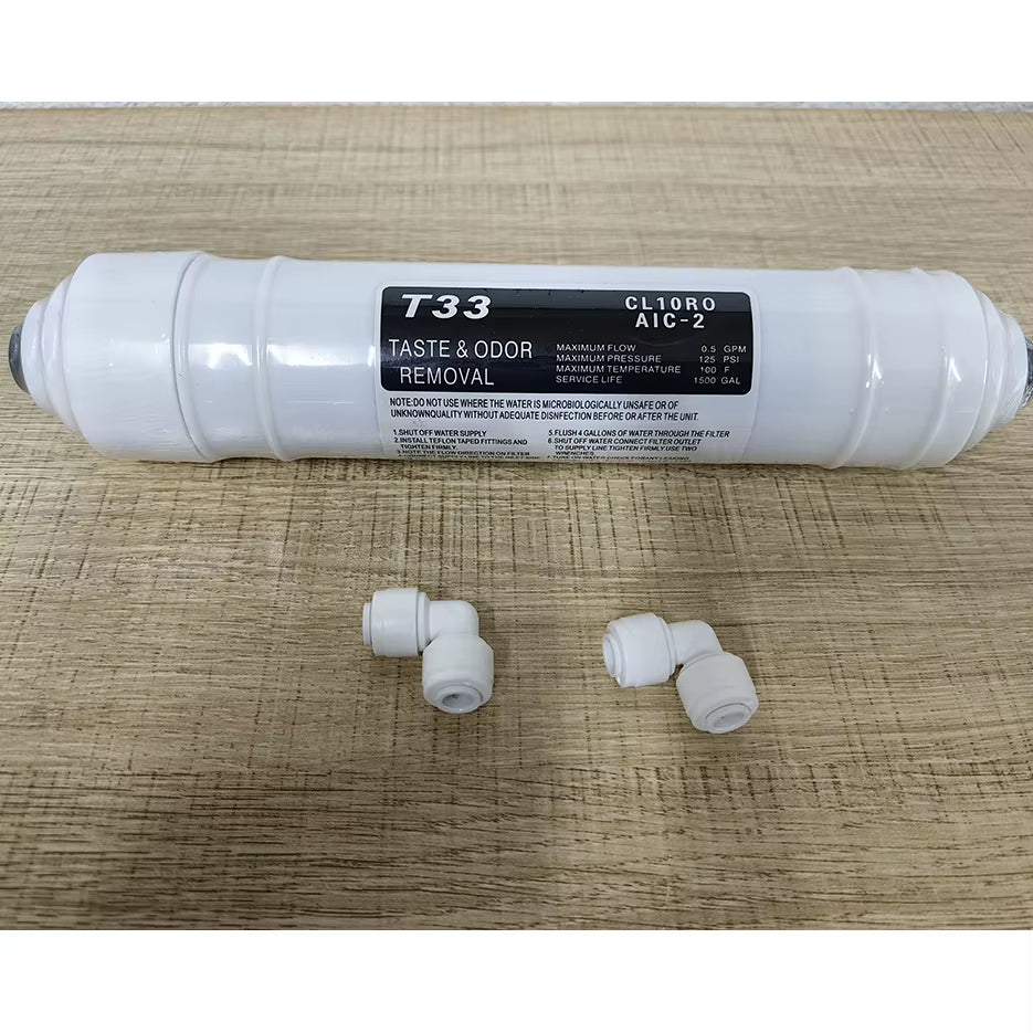Quick Connect 10 Inch T33 with 2Pcs Fitting Water Purifier INLINE COCONUT Carbon Post WATER FILTER Cartridge REVERSE OSMOSIS