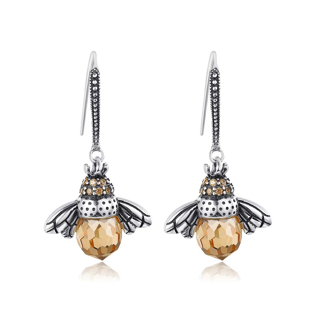 Hot Sale 925 Sterling Silver Yellow Bee Drop Earrings for Women Lovely Insect Earrings Fine Jewelry Gift SCE149