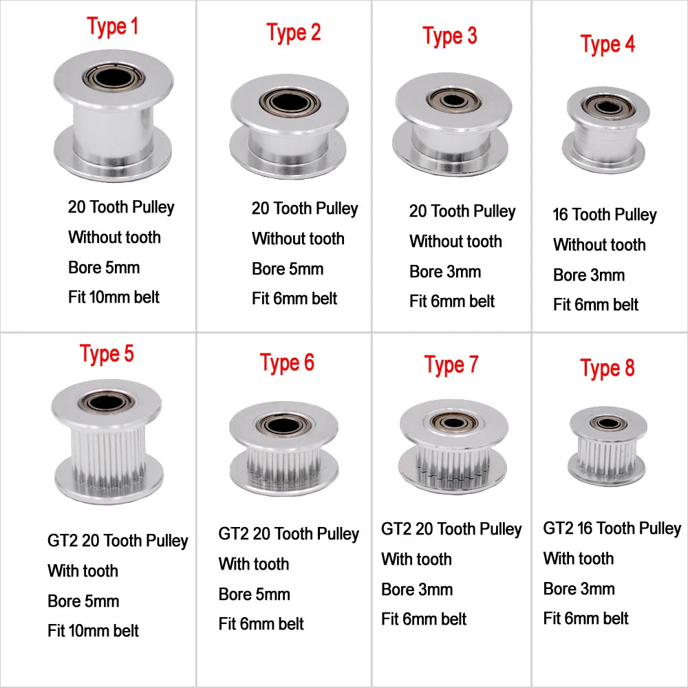 GT2 Idler Timing Pulley 16-Tooth 20-Teeth with 3Mm or 5Mm Bore with Bearings for 3D Printer Parts Timing Belt 6Mm 10Mm