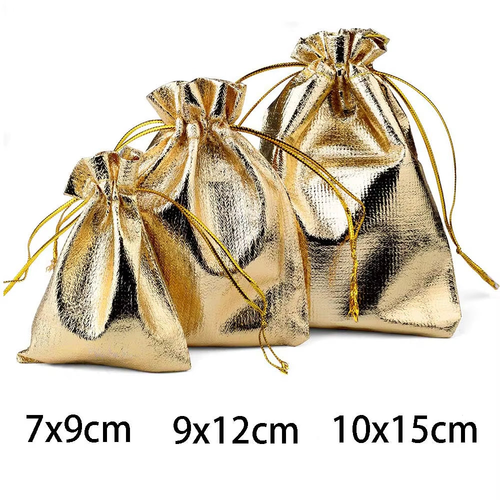 50Pcs/Lot 7X9 9X12 10X15Cm Adjustable Jewelry Packing Fabric Bag Gold Colors Drawstring Wedding Storage Pouches