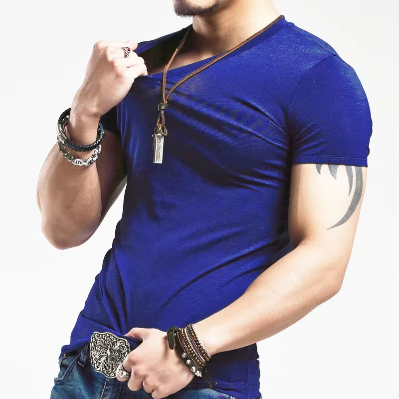 2025 Brand New Men T Shirt Tops V Neck Short Sleeve Tees Men'S Fashion Fitness Hot T-Shirt for Male Man T-Shirt Size 5XL
