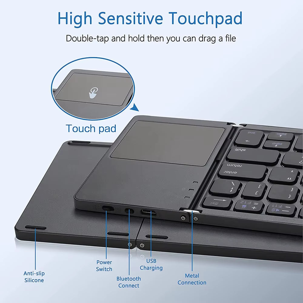 New Portable Mini Three Folding Bluetooth Keyboard Wireless Foldable Touchpad Keypad for IOS Android Windows Ipad Tablet
