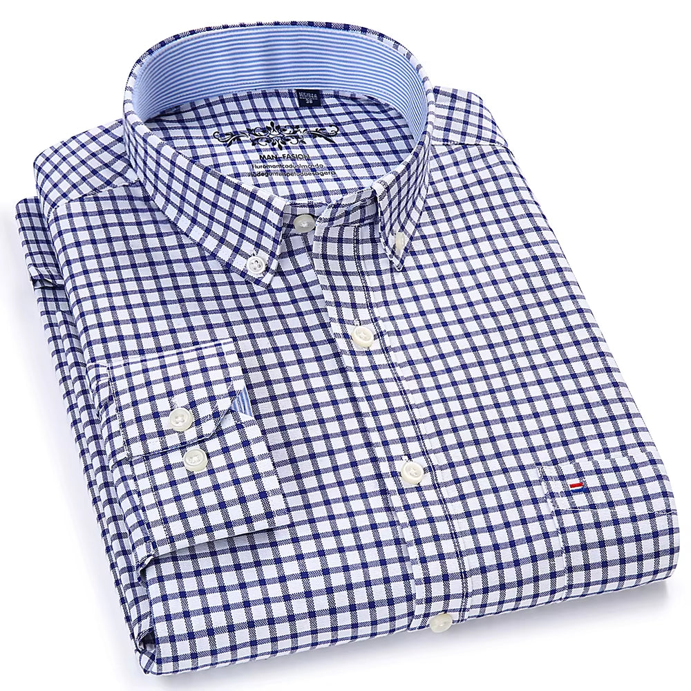 Men'S Long Sleeve Oxford Plaid Striped Work Casual Shirt with Pocket, Spring Autumn Cotton Blend Regular-Fit Button-Down Shirts