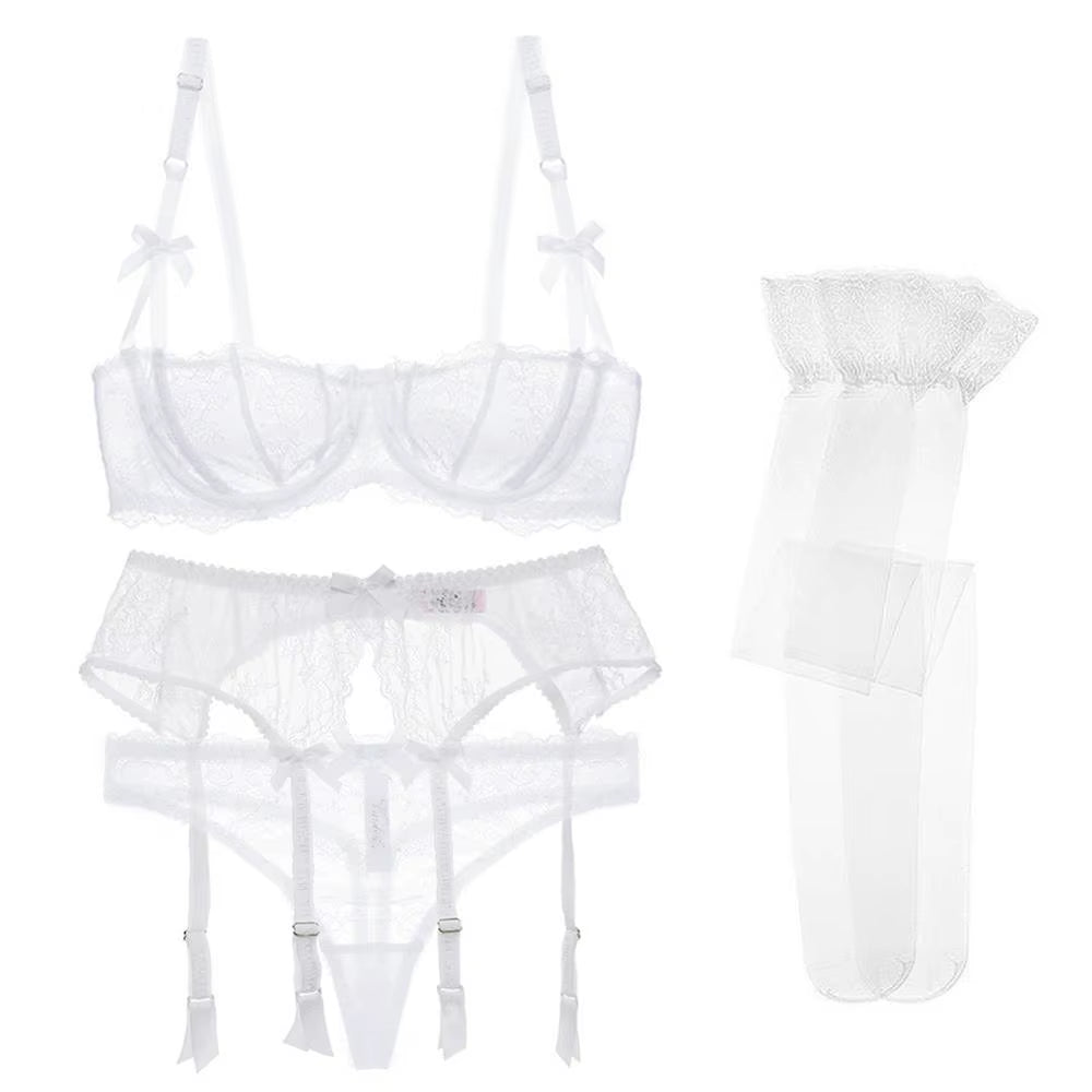Luxury Half Cup Lace Transparent Sexy Lingerie Ultra-Thin Solid Shell Style 4 Pieces/Lots Bra Set and Garter and Stocking