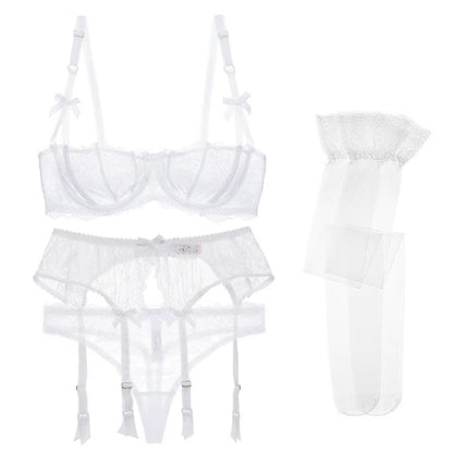 Luxury Half Cup Lace Transparent Sexy Lingerie Ultra-Thin Solid Shell Style 4 Pieces/Lots Bra Set and Garter and Stocking