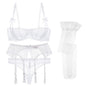Luxury Half Cup Lace Transparent Sexy Lingerie Ultra-Thin Solid Shell Style 4 Pieces/Lots Bra Set and Garter and Stocking