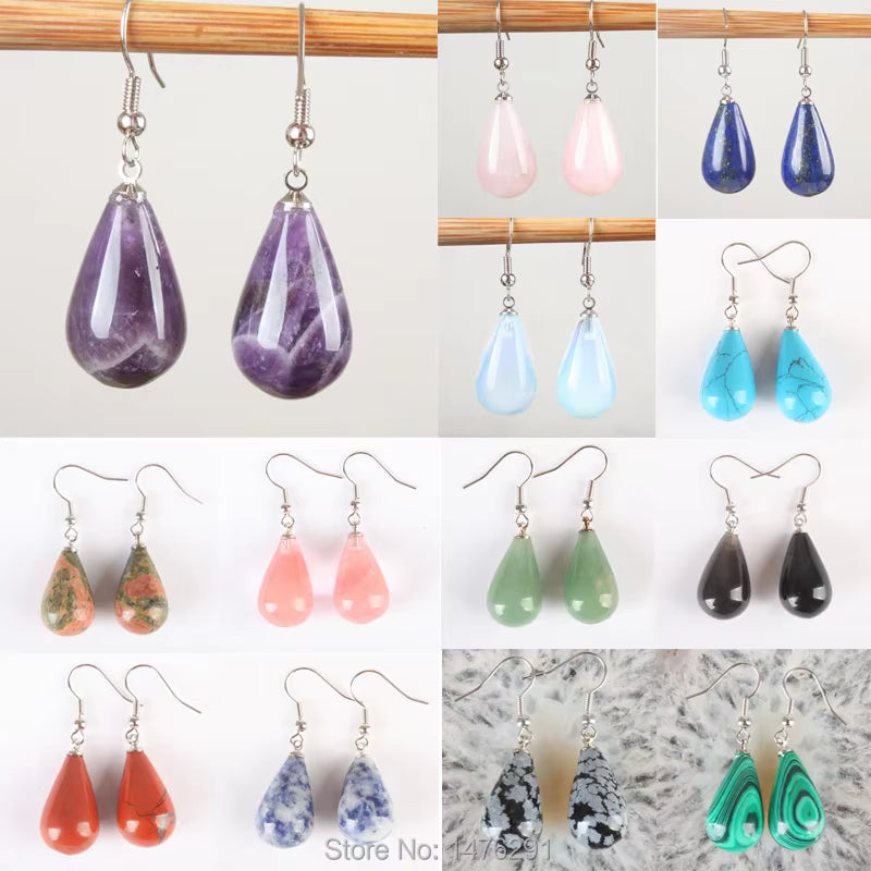 13X22MM Obsidian Clear Quartz Lapis Lazuli Rose Pink Quartz Opal Obsidian Drop Cone Bead Hook Dangle Earrings 1Pair