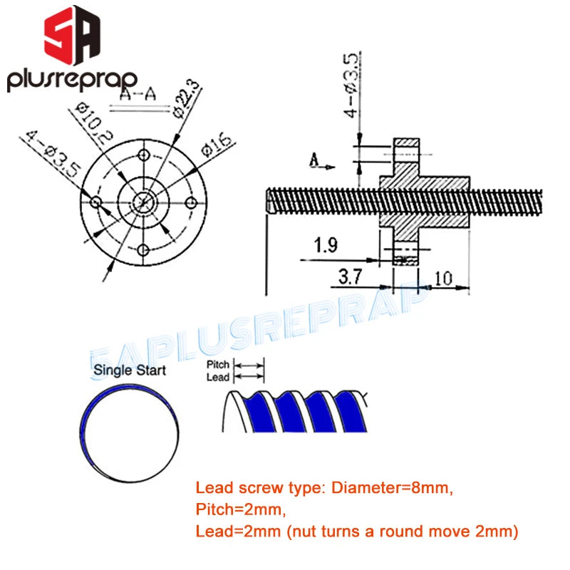 T8 Lead Screw OD 8Mm Pitch 2Mm Lead 2Mm 150Mm 200Mm 250Mm 300Mm 350Mm 400Mm 500Mm with Brass Nut for Reprap 3D Printer Z Axis
