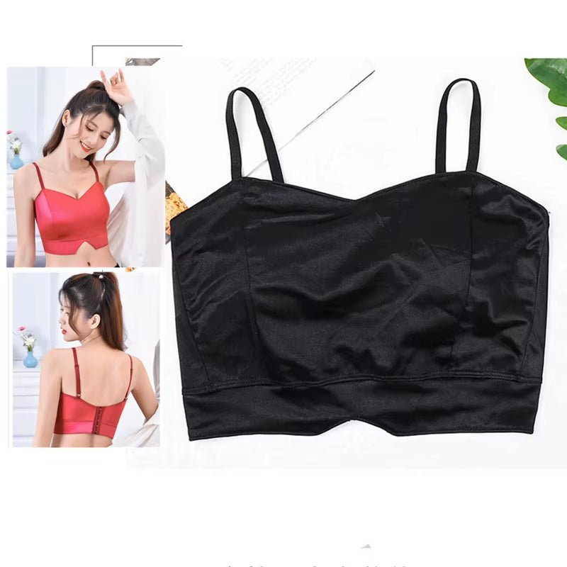 Sexy Satin Crop Tops Women Wireless Bralette Crochet Top Female Spaghetti Strap T-Shirt Cropped with Chest Padded Camisole Camis