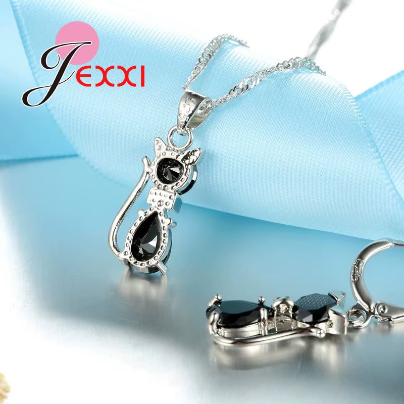 Fast Shipping Retail Romantic Engagement Silver Cute Cat Jewelry Sets Necklace Earrings with Austrian Crystal for Women