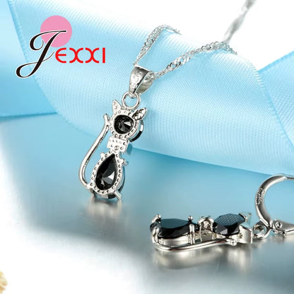 Fast Shipping Retail Romantic Engagement Silver Cute Cat Jewelry Sets Necklace Earrings with Austrian Crystal for Women
