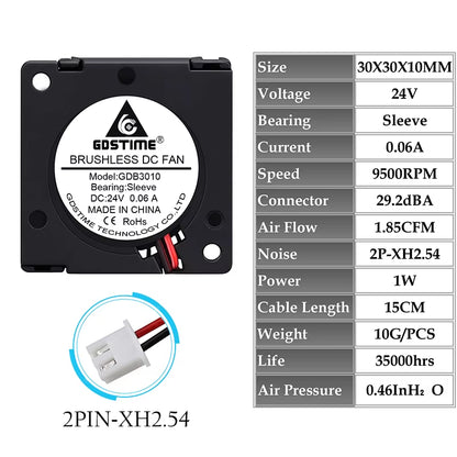 2 Pieces  DC 5V 12V 24V 30X30X10Mm Sleeve Dual Ball 1 Inch Small Mini Blower Cooling Fan 30Mm X 10Mm 3Cm 3010 3D Printer