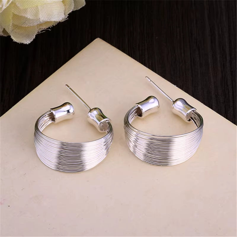 925 Sterling Silver Smooth Multi-Line Stud Earrings for Woman Wedding Engagement Fashion Party Charm Jewelry