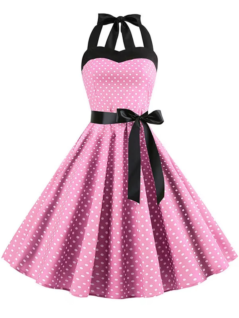 Polka Dot Dress Women Vintage Swing Halter Belt 50S 60S Rockabilly Prom Party Dresses Retro Feminino Vestidos