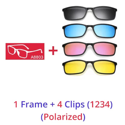 Polarized Sunglasses Men Women 5 in 1 Magnetic Clip on Glasses TR90 Optical Prescription Eyeglass Frames Magnet Clips