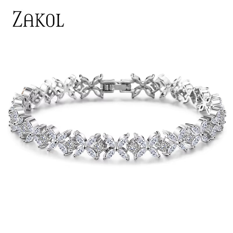 Classic White Marquise Cut Cubic Zircon Chain & Link Bracelets Bangles Flower Bridal Wedding Jewelry for Women BP094