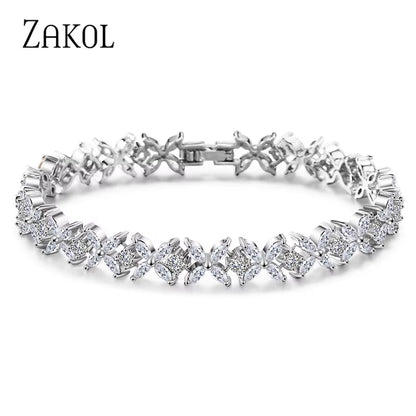 Classic White Marquise Cut Cubic Zircon Chain & Link Bracelets Bangles Flower Bridal Wedding Jewelry for Women BP094