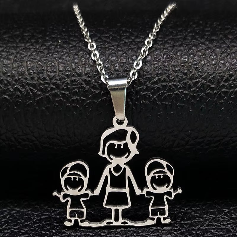 Stainless Steel Necklace Mama Family Necklaces Silver Color Love Boy Girl Pendant Jewelry Women Christmas Gift 355