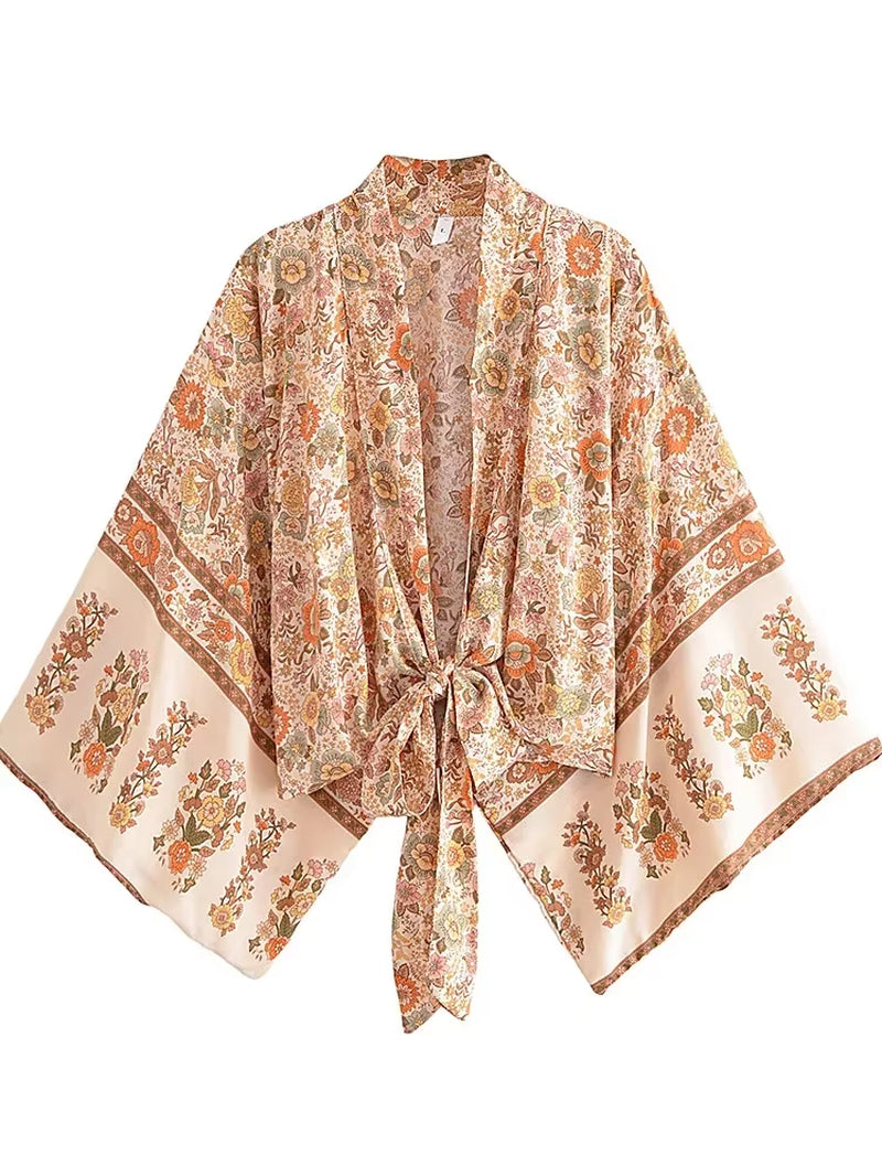 Boho Vintage Floral Print Beach Summer Short Kimono Women Fashion Ladies Casual V Neck Batwing Sleeves Bohemian Cover-Ups