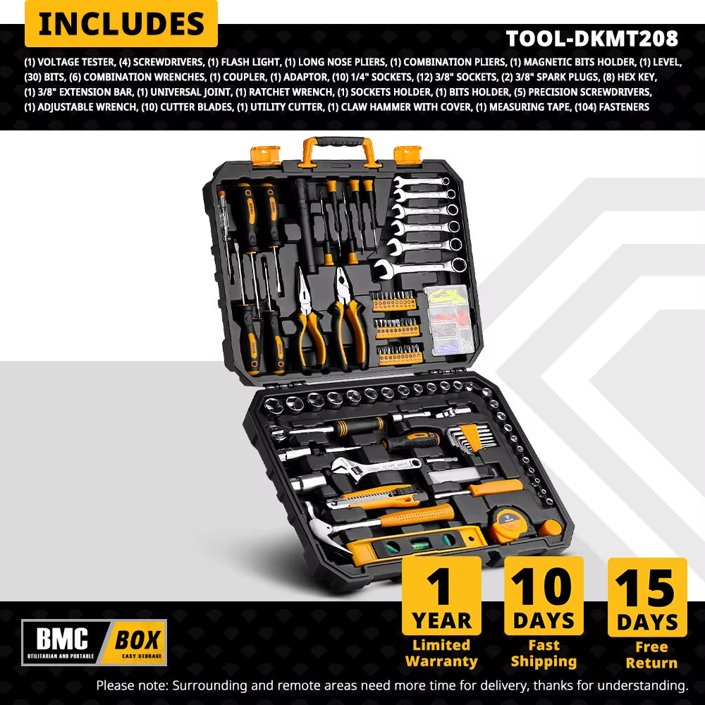 208Pcs Hand Tool Edc. Woodworking Multi Tools with Tool Box Include Socket Set Torque Wrench Hammer Knife