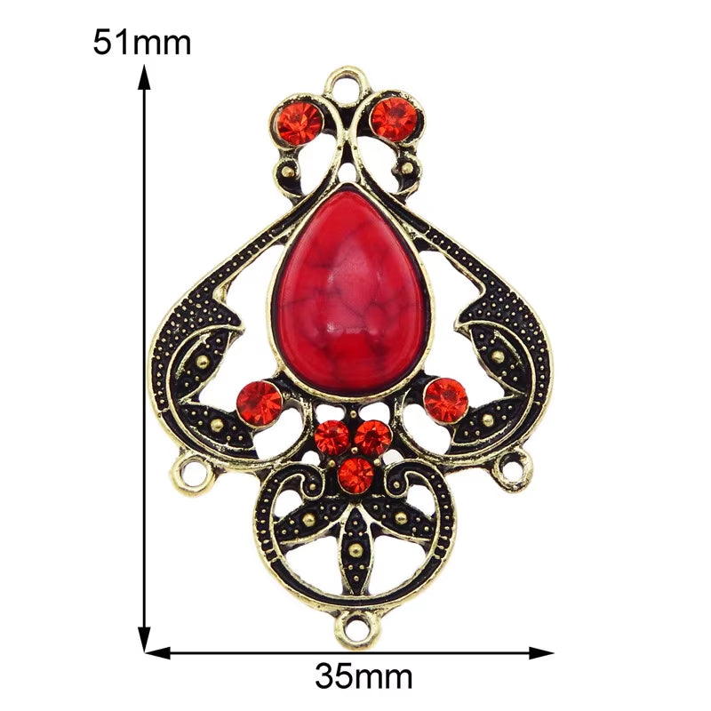 Wholesale 4Pcs Antique Bronze Alloy Red Imitation Stone Charms Pendant Jewelry Findings Connector 46*35*8Mm for Necklace