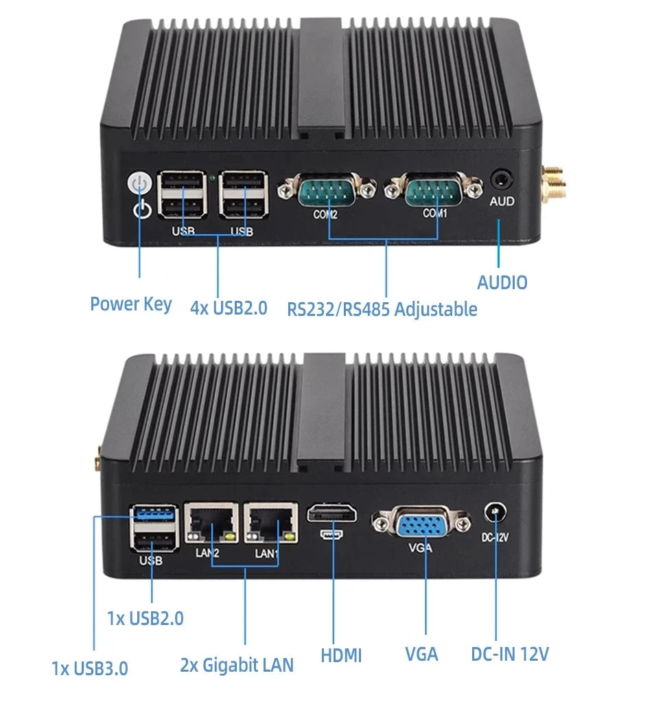XCY Fanless Mini PC  Celeron J6412 N5105 2X Gbe LAN 2X RS232 HDMI VGA Wifi 4G LTE Windows 10 Linux Industrial Computer