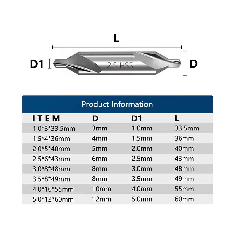 HSS Center Drills Bit 60 Degree Metal Drill Bit Power Tools Hole Drilling Hole Cutter 1.0/1.5/2.0/2.5/3.0/3.5/4.0/5.0Mm