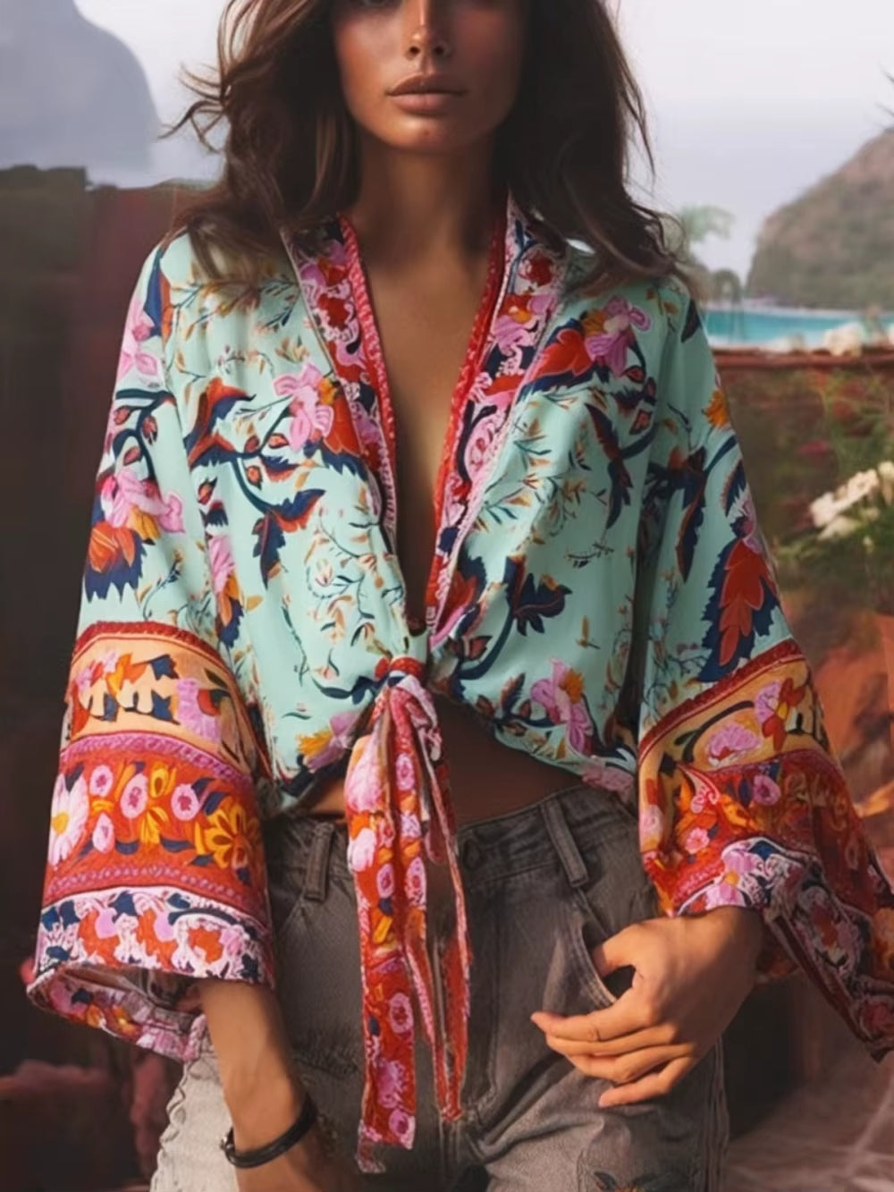 Boho Vintage Floral Print Beach Summer Short Kimono Women Fashion Ladies Casual V Neck Batwing Sleeves Bohemian Cover-Ups