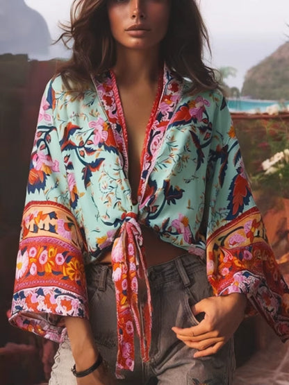 Boho Vintage Floral Print Beach Summer Short Kimono Women Fashion Ladies Casual V Neck Batwing Sleeves Bohemian Cover-Ups