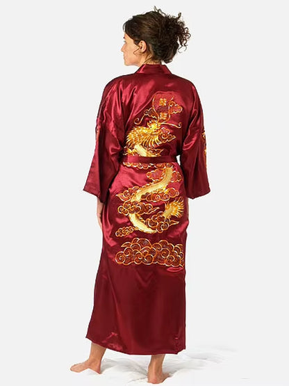 Navy Blue Chinese Men'S Satin Silk Robe Embroidery Kimono Bath Gown Dragon Size S M L XL XXL XXXL S0008