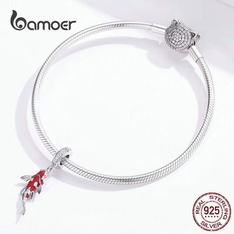 925 Sterling Silver Red Enamel Fish Pendant Lucky Koi Dangle Charm Originaal for Women Bracelet Necklace DIY Fine Jewelry