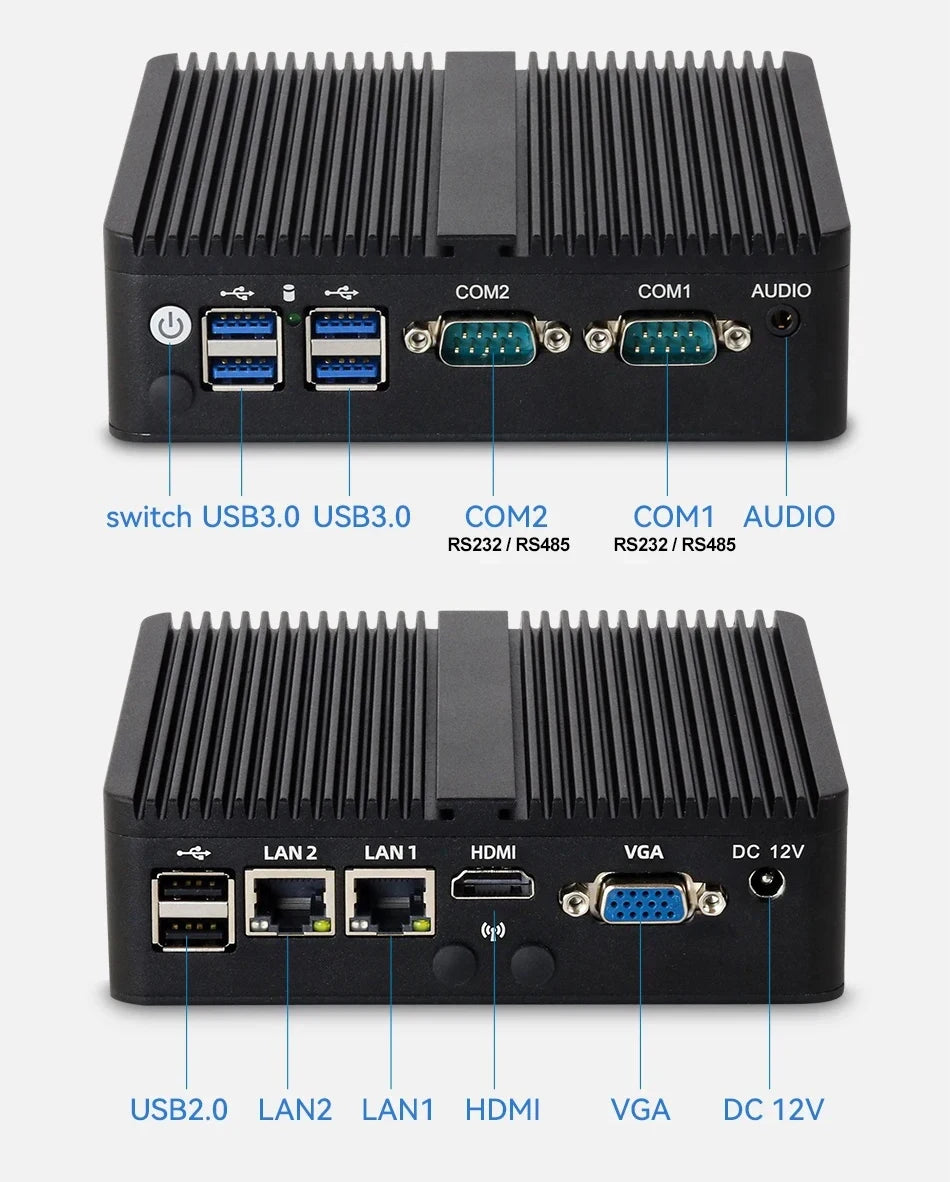 XCY Fanless Mini PC  Celeron J6412 N5105 2X Gbe LAN 2X RS232 HDMI VGA Wifi 4G LTE Windows 10 Linux Industrial Computer