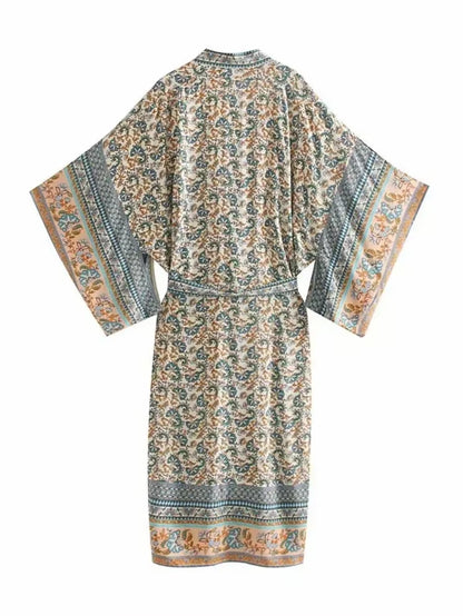 Vintage Chic Women Floral Print Batwing Sleeve Beach Bohemian Kimono Dress Ladies V Neck Summer Boho Robe Cover-Ups Vestidos