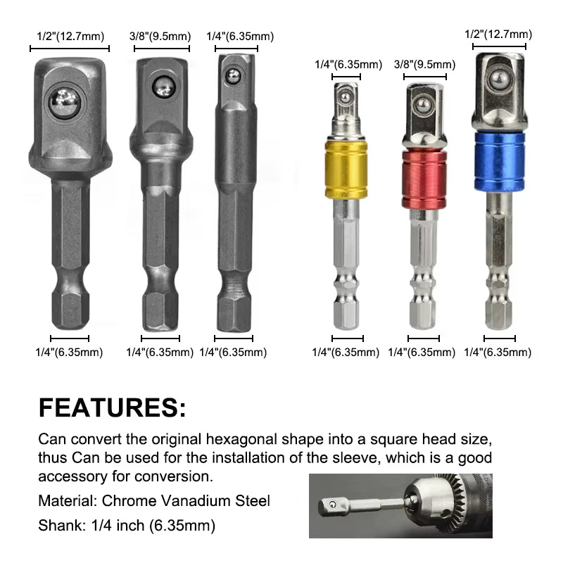 3Pcs 1/4 "3/8" 1/2 " Socket Adapter Hex Shank Drill Bits Extension Rod Power Tool Accessories Impact Drill Socket Adapter