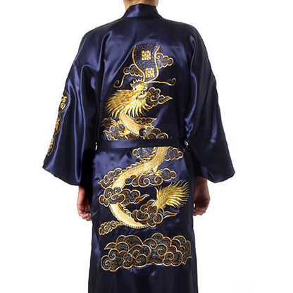 Navy Blue Chinese Men'S Satin Silk Robe Embroidery Kimono Bath Gown Dragon Size S M L XL XXL XXXL S0008