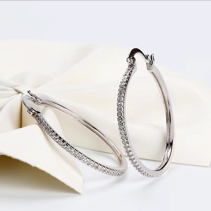 925 Sterling Silver Big Circle Inlaid Zircon Earrings for Women,S925 Argent Women'S Shiny Model Earring 17Mm-40Mm 5 Size