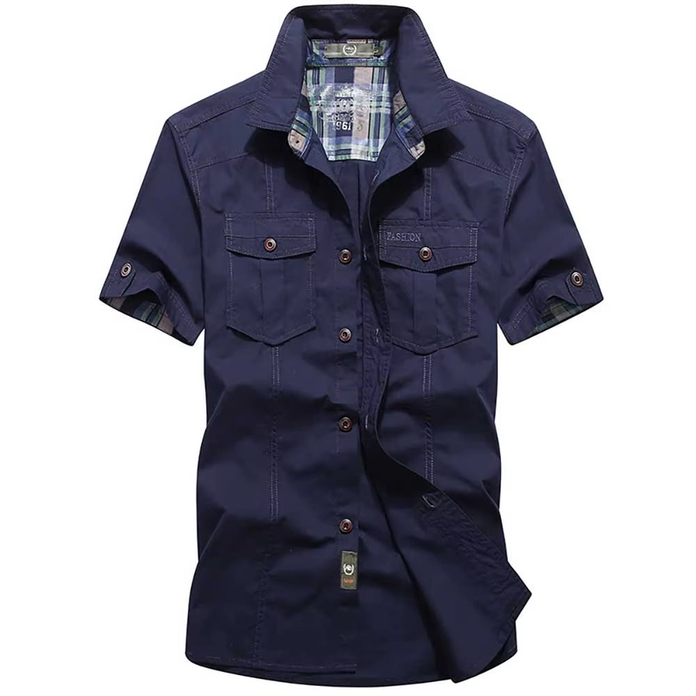 Fashion Cotton Casual Shirts Summer Men plus Size Loose Baggy Shirts Short Sleeve Turn-Down Collar Military Style Male Clothing