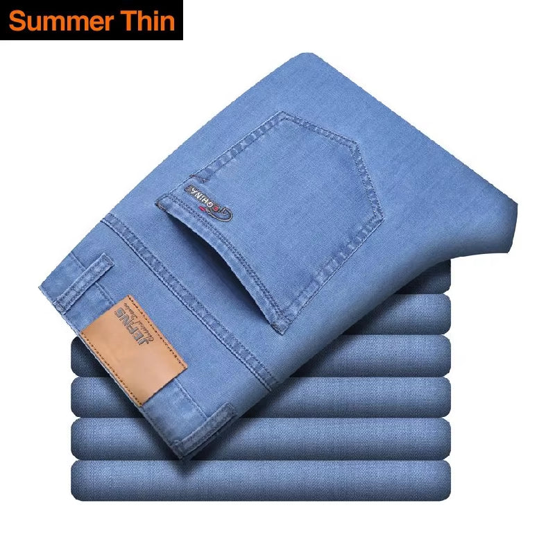 Classic Style Men Brand Jeans Business Casual Stretch Slim Denim Pants Light Blue Black Trousers Male