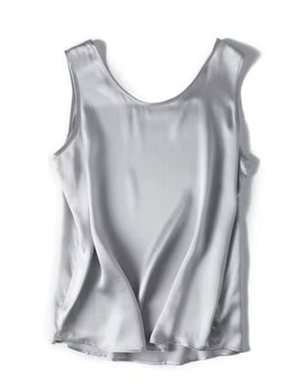 . Women Basic Cozy Tanks, 100%Real Silk, O Neck Sleeveless Chic T Shirt, 2025 Solid Summer Vests, White, Pink, Beige