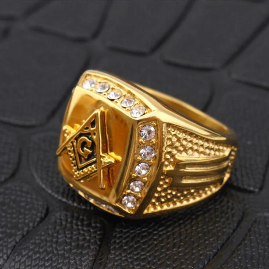 New Arrival Bling CZ Crystal Men Rings with Freemason Masonic Free Mason Signet 316L Stainless Steel Gold Color Jewelry for Men