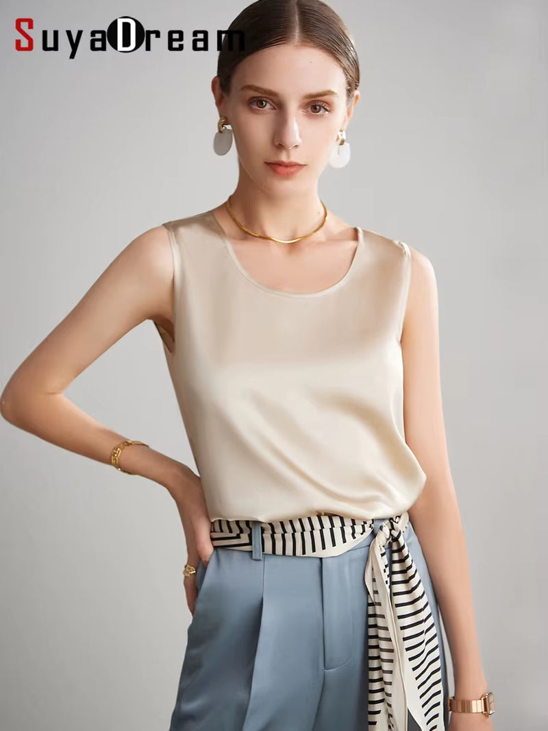 . Women Basic Cozy Tanks, 100%Real Silk, O Neck Sleeveless Chic T Shirt, 2025 Solid Summer Vests, White, Pink, Beige
