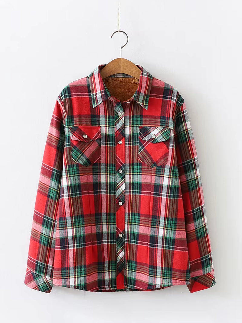 Velvet Thick Warm Women'S Plaid Shirt Female Long Sleeve Tops M-5XL Winter Fleece Casual Check Blouse Autumn Clothes T77710A